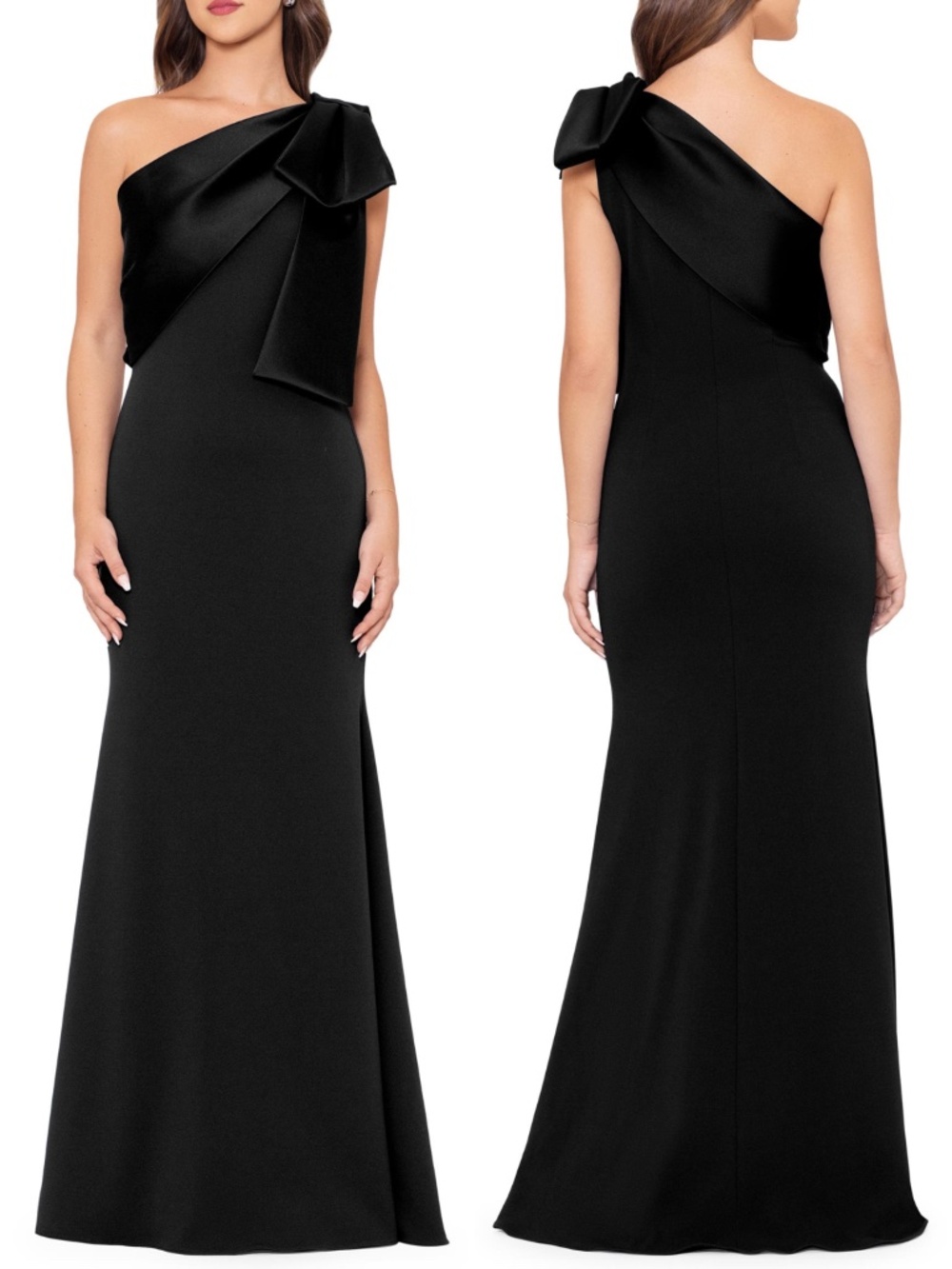 NEW BETSY & ADAM Black SATIN BOW One Shoulder CREPE Mermaid EVENING GOWN 14